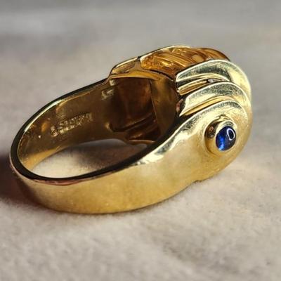 Vintage 18k Lagos Caviar Citrine Diamond Blue Sapphire Ring Size 8.75