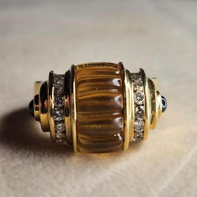 Vintage 18k Lagos Caviar Citrine Diamond Blue Sapphire Ring Size 8.75