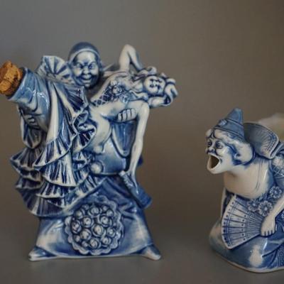 EARLY 1900'S BLUE PORCELAIN CHARACTER LIQUOR BOTTLE/ SHOT GLASS . - a bit risqué and horrific