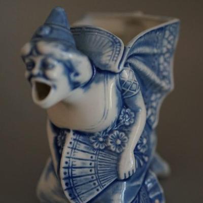 EARLY 1900'S BLUE PORCELAIN CHARACTER LIQUOR BOTTLE/ SHOT GLASS . - a bit risqué and horrific