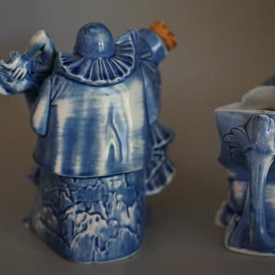 EARLY 1900'S BLUE PORCELAIN CHARACTER LIQUOR BOTTLE/ SHOT GLASS . - a bit risqué and horrific