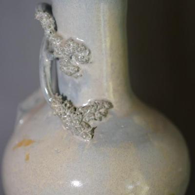 ASIAN INFLUENCE PAIR OF BOTTLE SHAPED VASES W/ APPLIED BLOSSOM BRANCHES SIGNED EDWARD FRIDAY OF MADISON, WI