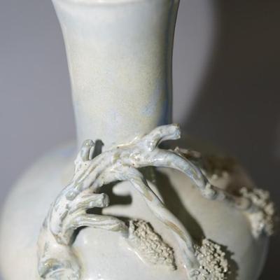 ASIAN INFLUENCE PAIR OF BOTTLE SHAPED VASES W/ APPLIED BLOSSOM BRANCHES SIGNED EDWARD FRIDAY OF MADISON, WI