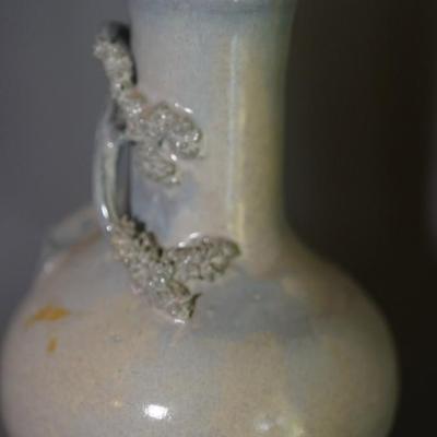 ASIAN INFLUENCE PAIR OF BOTTLE SHAPED VASES W/ APPLIED BLOSSOM BRANCHES SIGNED EDWARD FRIDAY OF MADISON, WI