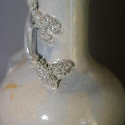 ASIAN INFLUENCE PAIR OF BOTTLE SHAPED VASES W/ APPLIED BLOSSOM BRANCHES SIGNED EDWARD FRIDAY OF MADISON, WI