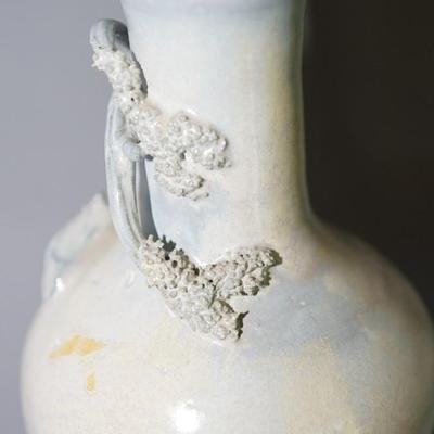 ASIAN INFLUENCE PAIR OF BOTTLE SHAPED VASES W/ APPLIED BLOSSOM BRANCHES SIGNED EDWARD FRIDAY OF MADISON, WI