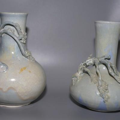 ASIAN INFLUENCE PAIR OF BOTTLE SHAPED VASES W/ APPLIED BLOSSOM BRANCHES SIGNED EDWARD FRIDAY OF MADISON, WI