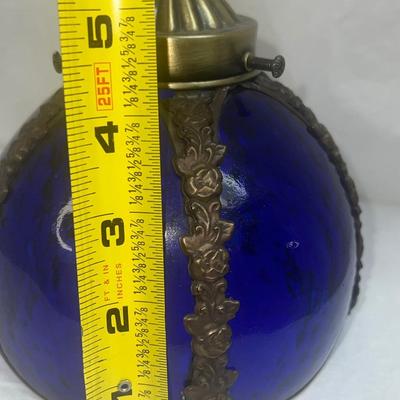 Antique Art Cobalt Blue Slag Glass Lamp Shade with Orated Brass Details 5"