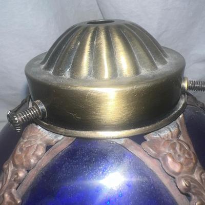 Antique Art Cobalt Blue Slag Glass Lamp Shade with Orated Brass Details 5"