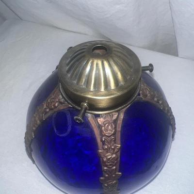 Antique Art Cobalt Blue Slag Glass Lamp Shade with Orated Brass Details 5"