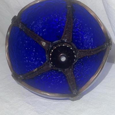 Antique Art Cobalt Blue Slag Glass Lamp Shade with Orated Brass Details 5"