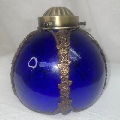 Antique Art Cobalt Blue Slag Glass Lamp Shade with Orated Brass Details 5"