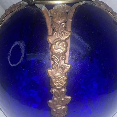 Antique Art Cobalt Blue Slag Glass Lamp Shade with Orated Brass Details 5"