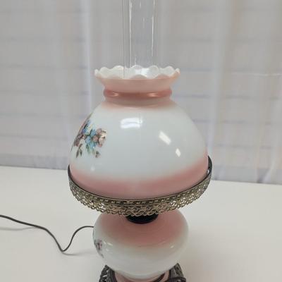 Vintage Electric Hurricane Lamp Milk Glass Pink Floral 3 Way Table Lamp
