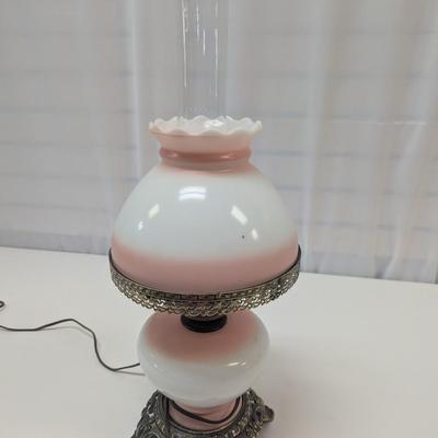Vintage Electric Hurricane Lamp Milk Glass Pink Floral 3 Way Table Lamp