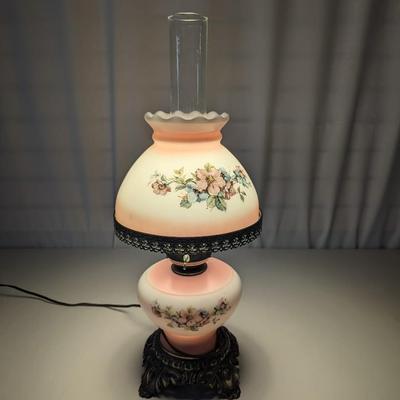 Vintage Electric Hurricane Lamp Milk Glass Pink Floral 3 Way Table Lamp