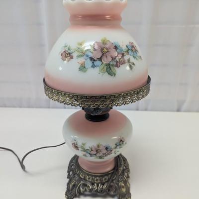 Vintage Electric Hurricane Lamp Milk Glass Pink Floral 3 Way Table Lamp