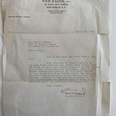 Music producer Leonard Sillman signed letter 