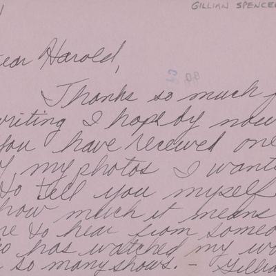Gillian Spencer handwritten and signed post card