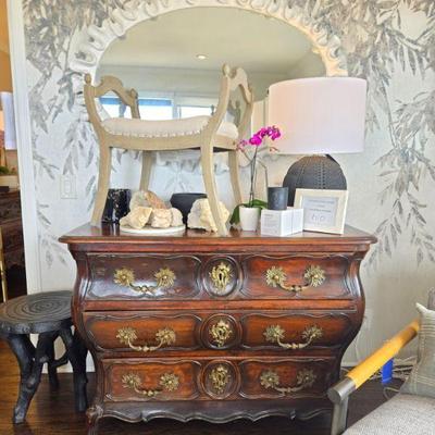 Sale Photo Thumbnail #75: Beautiful bombe commode France with heavy brass hardware C. 1840