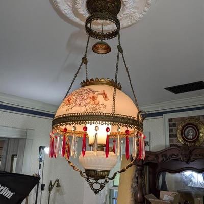 Gorgeous Antique Victorian Hanging Oil Lamp, Now Wired