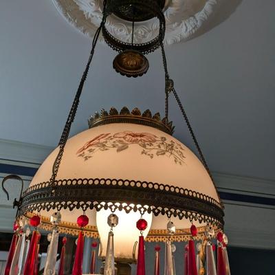 Gorgeous Antique Victorian Hanging Oil Lamp, Now Wired