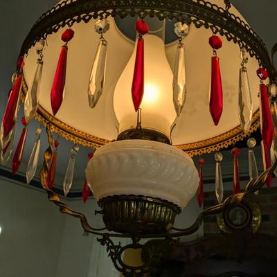 Gorgeous Antique Victorian Hanging Oil Lamp, Now Wired