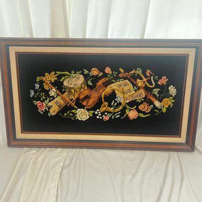 Antique Needlepoint Art Musicals Theme Large Hand Made Framed 35wx21h”