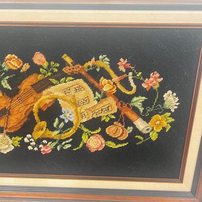 Antique Needlepoint Art Musicals Theme Large Hand Made Framed 35wx21h”