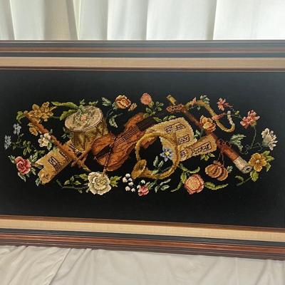 Antique Needlepoint Art Musicals Theme Large Hand Made Framed 35wx21h”