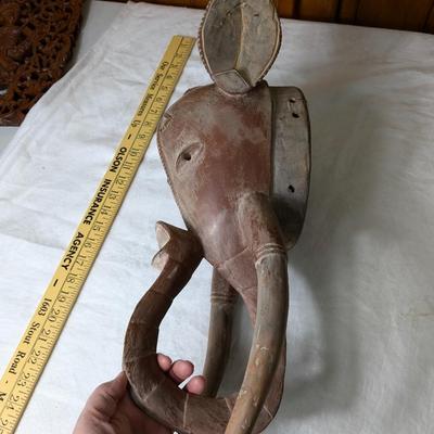 Antique African Tribal Elephant Mask Wood Hand Carved Wall Hanging, Ghana