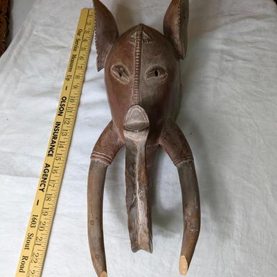Antique African Tribal Elephant Mask Wood Hand Carved Wall Hanging, Ghana