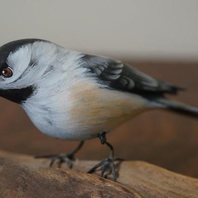 HAND CARVED & HAND PAINTED CHICKADEE BIRD SIGNED ON BASE A.WARRENS AND S. CAGLE