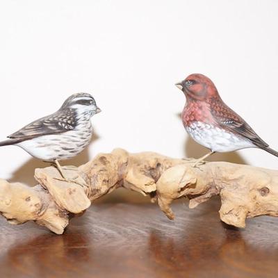 HAND CARVED AND HAND PAINTED BIRDS ON DRIFTWOOD SIGNED BY ARTIS- FOLK ART