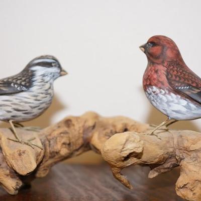 HAND CARVED AND HAND PAINTED BIRDS ON DRIFTWOOD SIGNED BY ARTIS- FOLK ART