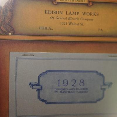 1928 MAXFIELD PARRISH CALENDAR "CONTENTMENT" FRAMED FOR EDISON LAMP WORKS. CALENDAR IS INTACT