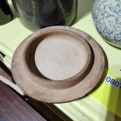 lot of 4 pieces Robinson Ransbottom Pottery Roseville Ohio Blue Sponge Pitcher , Stoneware Crock w Lid