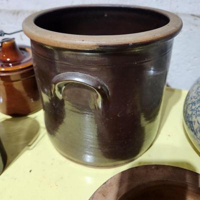 lot of 4 pieces Robinson Ransbottom Pottery Roseville Ohio Blue Sponge Pitcher , Stoneware Crock w Lid