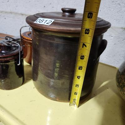 lot of 4 pieces Robinson Ransbottom Pottery Roseville Ohio Blue Sponge Pitcher , Stoneware Crock w Lid