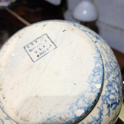 lot of 4 pieces Robinson Ransbottom Pottery Roseville Ohio Blue Sponge Pitcher , Stoneware Crock w Lid