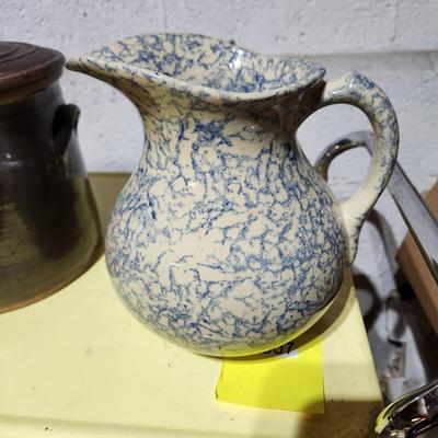 lot of 4 pieces Robinson Ransbottom Pottery Roseville Ohio Blue Sponge Pitcher , Stoneware Crock w Lid