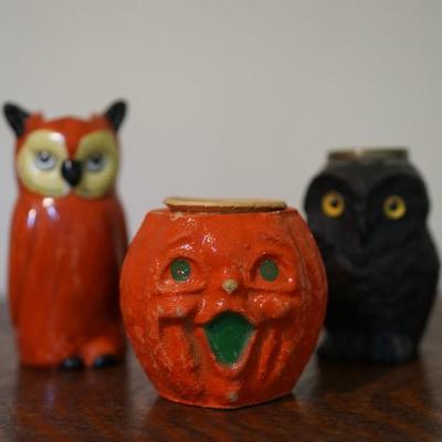 VINTAGE HALLOWEEN GROUPING 3" CANDLEHOLDER, CANDY CONTAINER AND PORCELAIN OWL