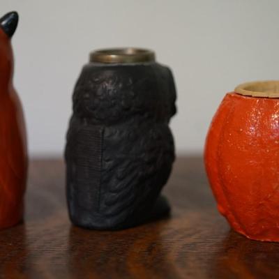 VINTAGE HALLOWEEN GROUPING 3" CANDLEHOLDER, CANDY CONTAINER AND PORCELAIN OWL