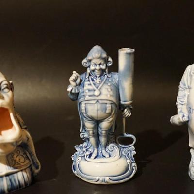 GROUPING OF THREE GERMAN BLUE & WHITE PORCELAIN FIGURES. TW0 LIQUOR FLASKS , ONE MATCH KEEP