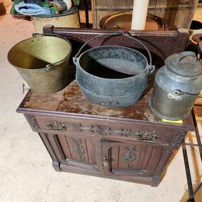 Lot of 3 Antique Waterbury Brass Pail , Dutch Oven , Can