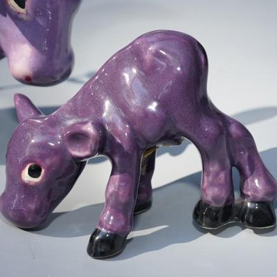 BRAYTON POTTERY OF LAGUNA CALIFORNIA 1950'S BULL, COW AND CALF PURPLE COWS
