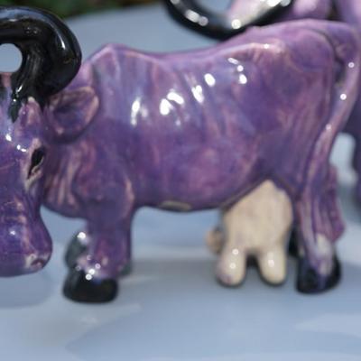 BRAYTON POTTERY OF LAGUNA CALIFORNIA 1950'S BULL, COW AND CALF PURPLE COWS