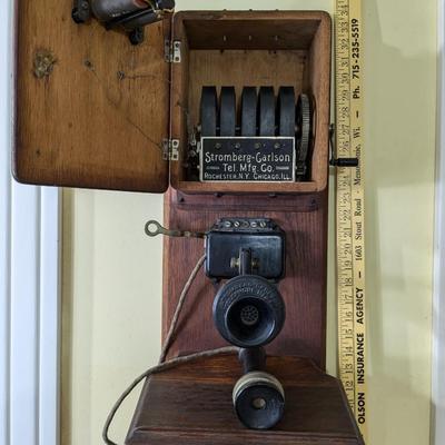 ANTIQUE STROMBERG-CARLSON OAK WOOD DOUBLE BOX WALL CRANK TELEPHONE