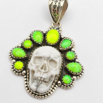 Nine-Stone Fire Opal Skull Pendant 925