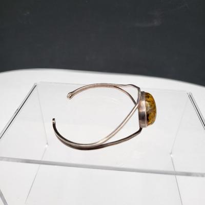 Sterling Silver Cuff Bracelets, One With Amber